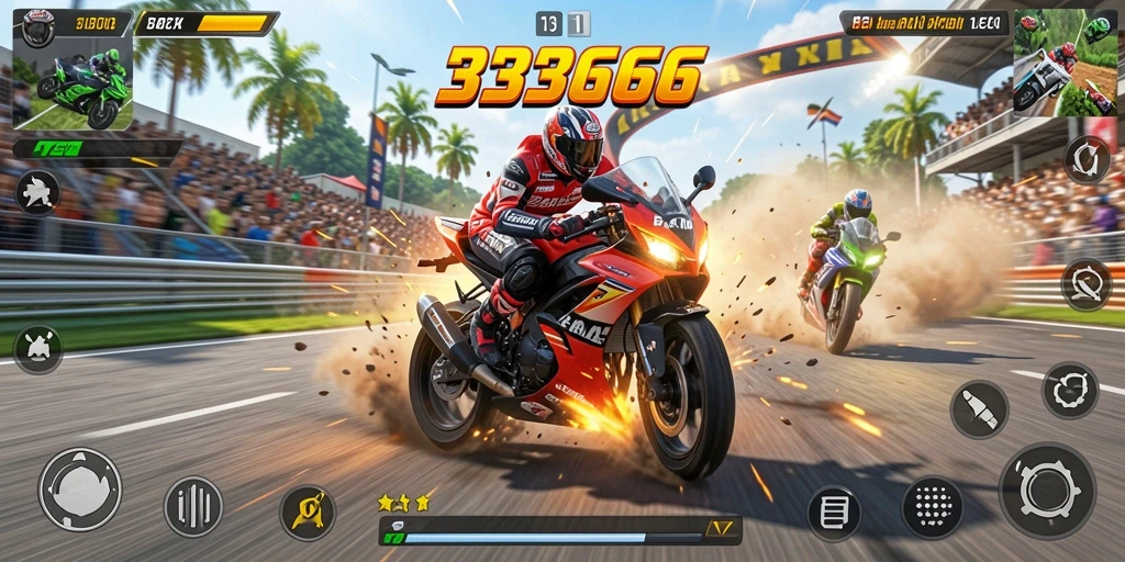 Screenshot gameplay dari 333666 menunjukkan balapan motor yang mendebarkan.