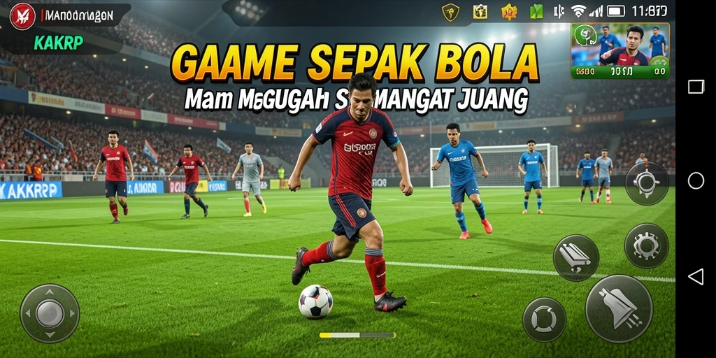Tampilan gameplay KAKRP dengan aksi sepak bola yang mendebarkan.