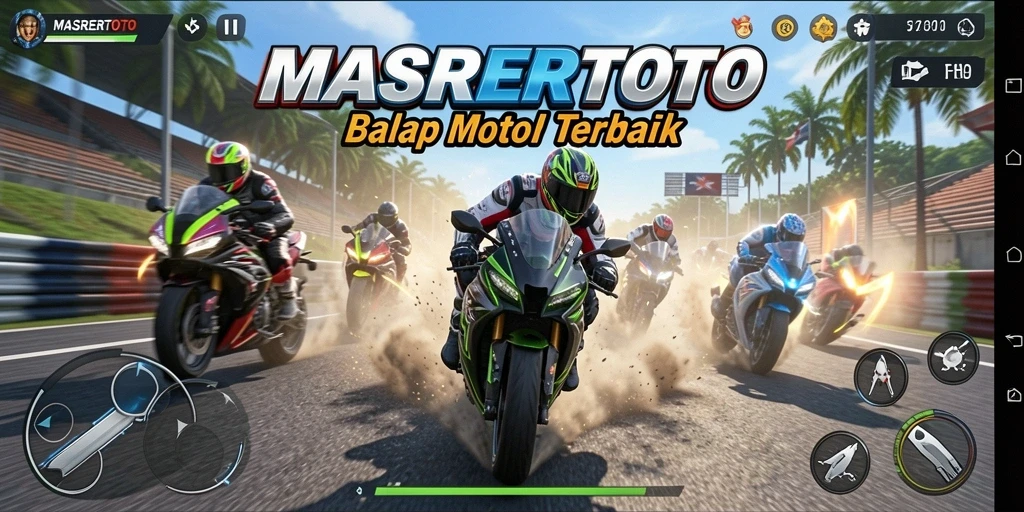Screenshot gameplay <strong>MASRERTOTO</strong> menampilkan motor balap dalam aksi di trek yang menantang.