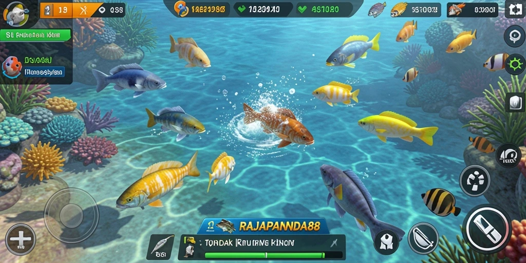 Tampilan gameplay seru dalam RAJAPANDA88 saat menembak ikan.