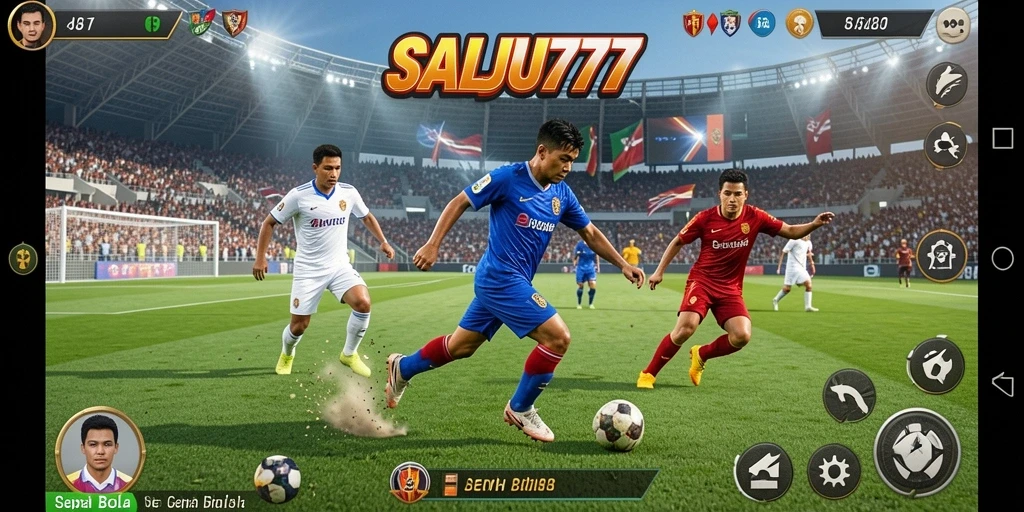 Screenshot gameplay SALJU777 menampilkan aksi seru di lapangan sepak bola.